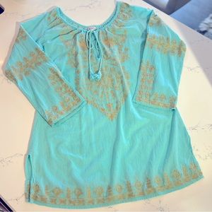The Daksha Tunic Top is hand embroidered with a soft cotton (L) Color turquoise